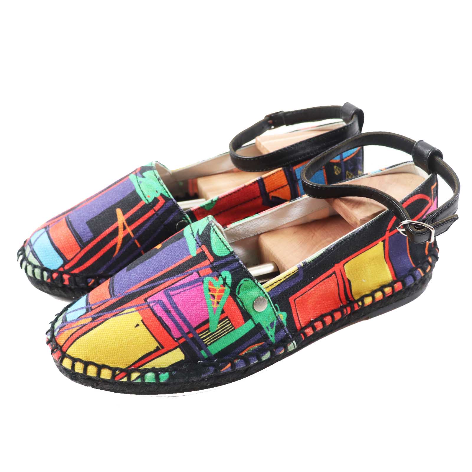 Excellent HERMES Slip-on Leather ankle strap espadrilles  / black multi canvas Women 37 Used