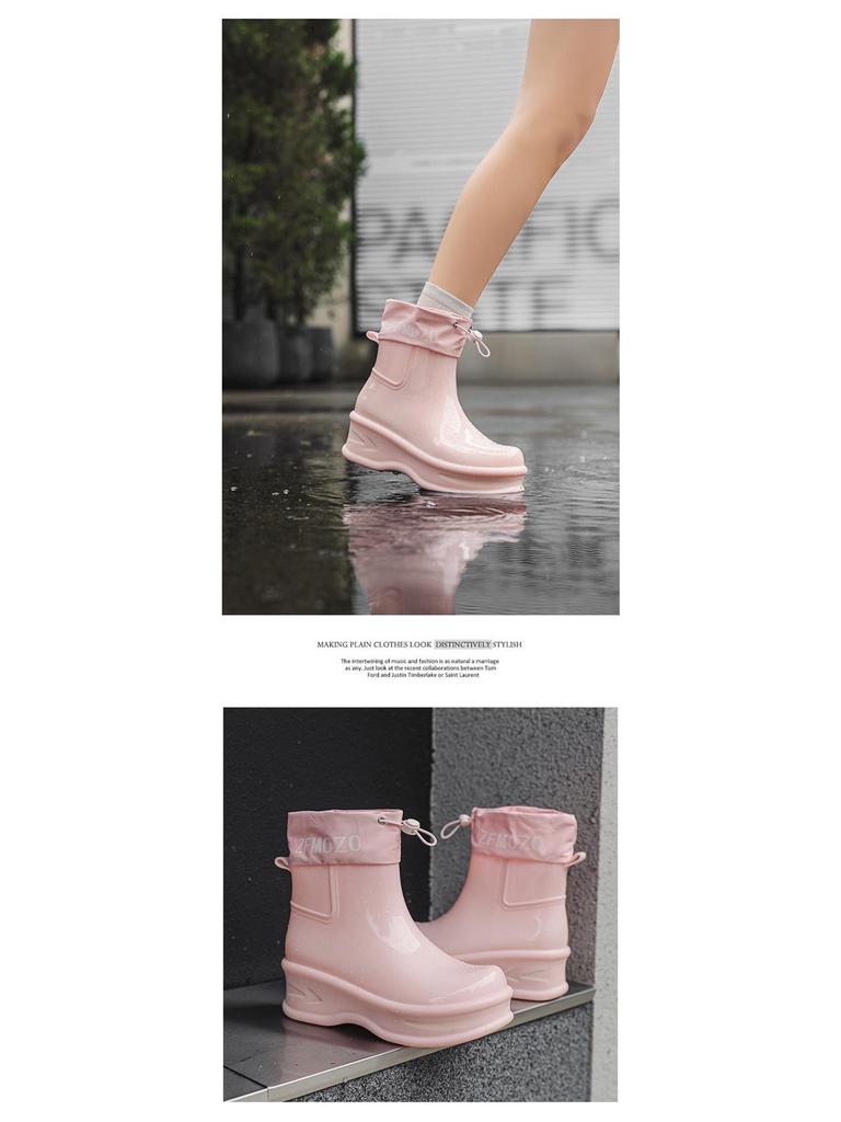 Women's Waterproof Thick-Soled Drawstring Rain Boots - Short, Height-Boosting Rubber Shoes for Outdoor and Kitchen Use