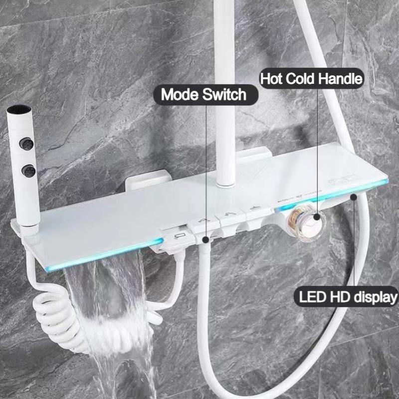 Upgrade White Hot Cold Bathroom Shower Set with LED Display Piano Keys Bath Shower Rain Shower Faucet Bathroom Accessories Brass