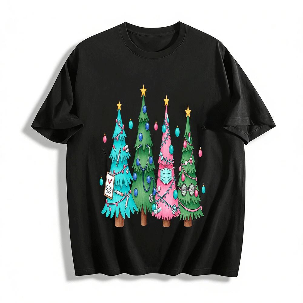 Medical Christmas Tree Print Healthcare Worker Holiday Top Pure cotton T-shirt XXS