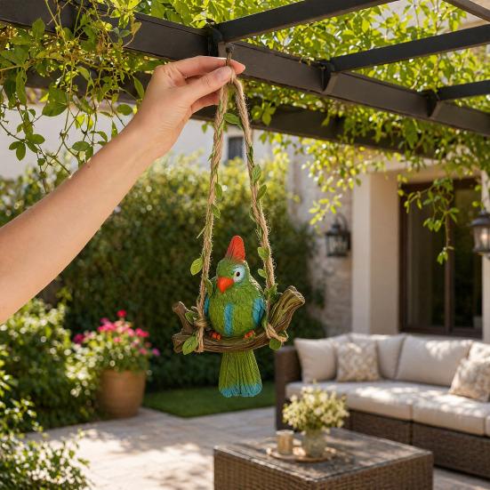 Hanging Parrot Garden Statue Resin Tropical Bird Swing Figurine Outdoor Animal Sculpture for Patio Lawn Garden Balcony Tree Decor