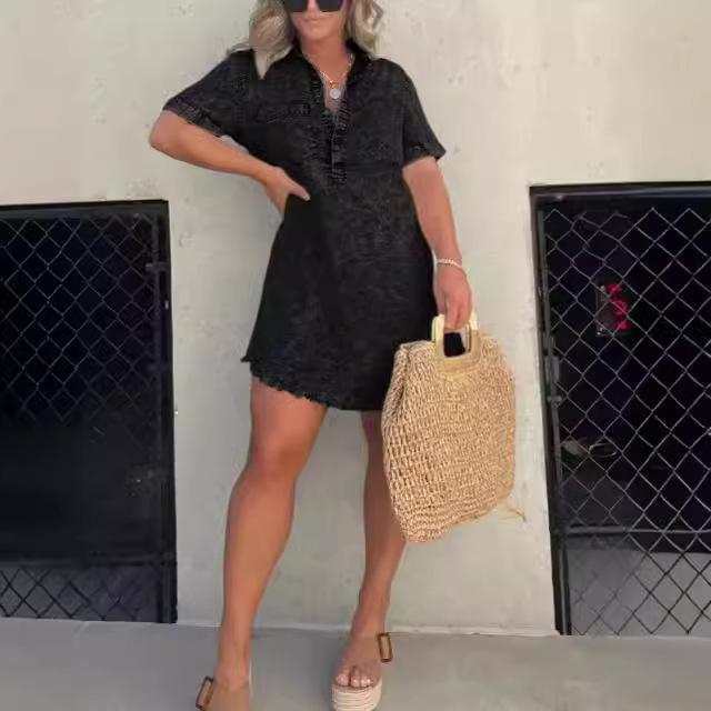 

Women s Light Blue Denim Dress with Pocket Short Sleeve Frayed Hem Casual Boho Style S чёрный