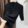 Women's Navy Blue Mid-Sleeve Sweater - Elegant High-End Knit Top with Stand Collar