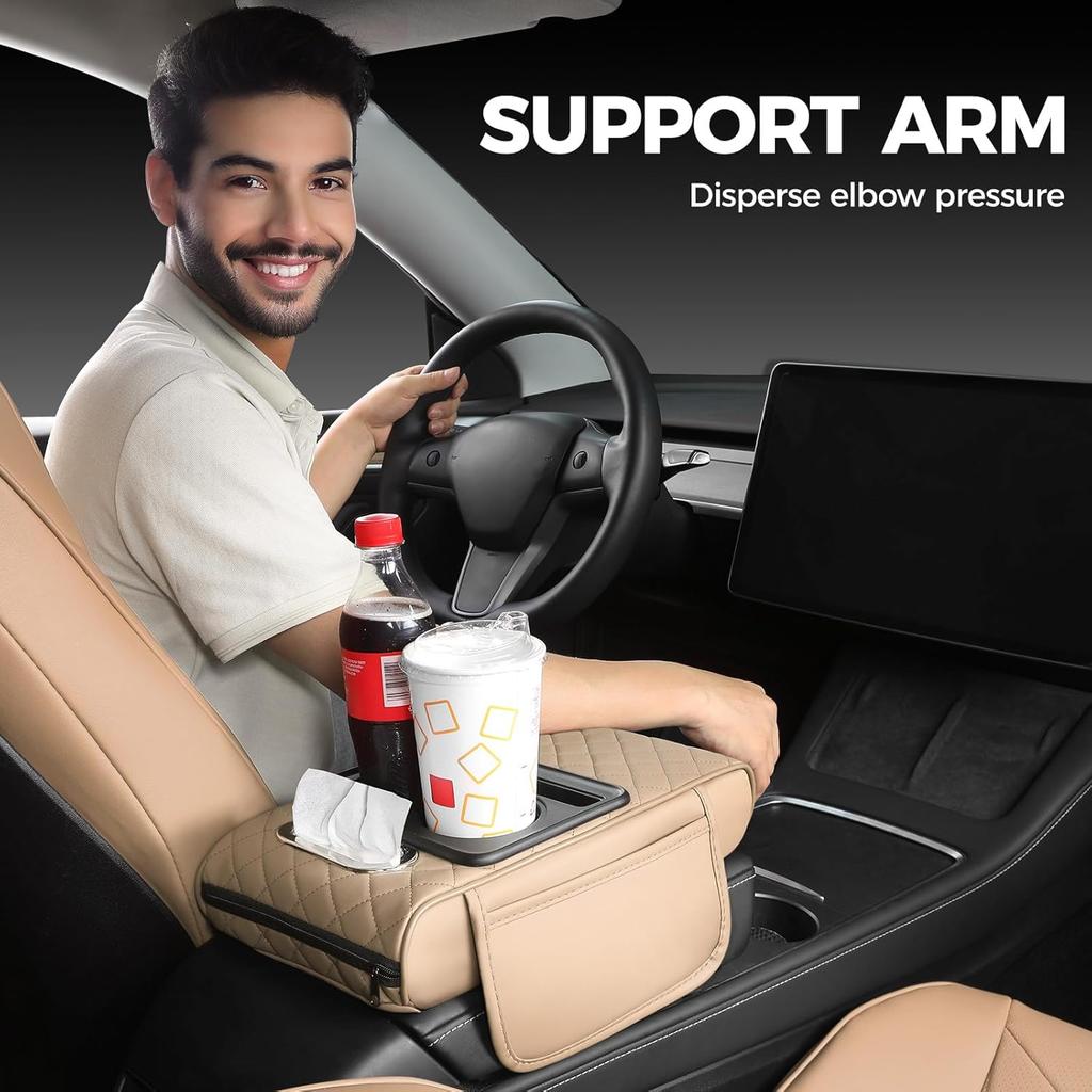FREESOO Car Center Console Cover, Leather Armrest Cover For Car, Universal Middle Console Cushion With Storage Box, Cup Holder, Tissue Box & Phone