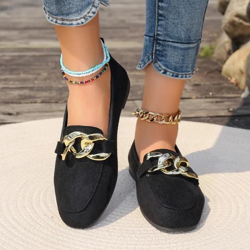 Damenschuhe 2024 Marke Slipper Damen Ballerinas Metalldekoration Büro und Karriere Heißer Verkauf Runde Zehenpartie Flach Niedriger Absatz