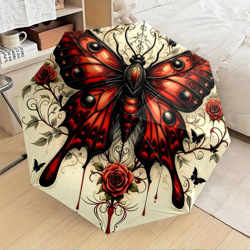 

1pc Automatic Open/Close Umbrella with Large Red & Black Butterfly, Roses & Swirling Vines - 8-Rib Windproof Design, Portable Iron&8K