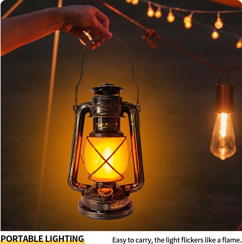 New Vintage Lantern Portable Camping Light with Flame Effect 3 Lighting Mode Vintage Desktop Atmosphere Light USB-C Rechargeable