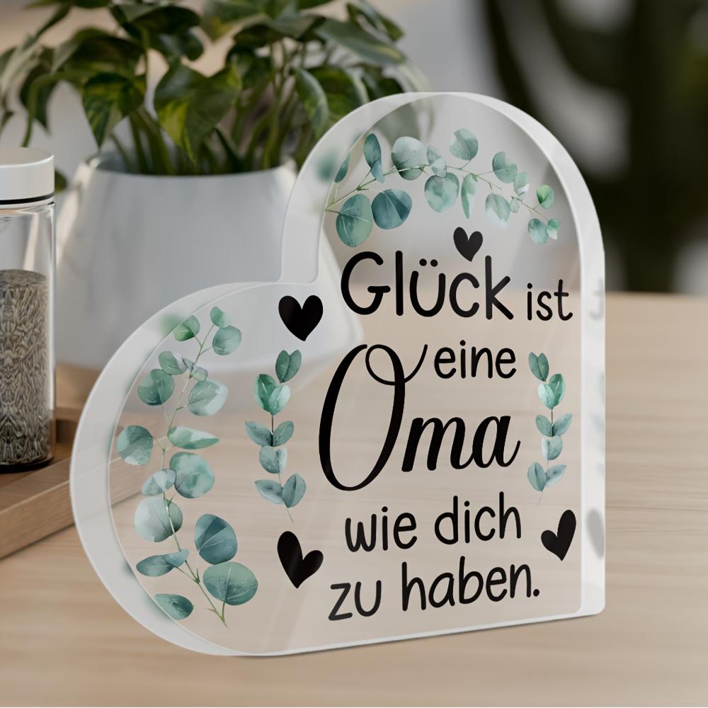 1 pièce Panneau Acrylique en Forme de Cœur - 'Le Bonheur C'est Avoir une Grand-Mère Comme Toi' en Allemand, Design Feuille Verte & Cœur, Décoration de Bureau Parfaite