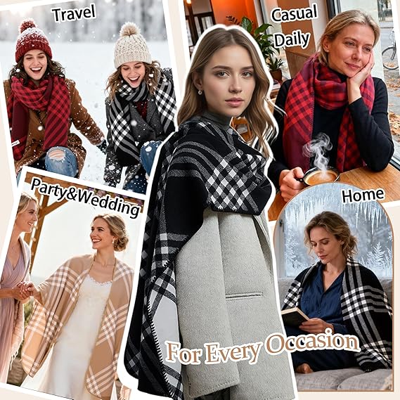 Fular de iarnă pentru femei cu carouri, 186*55cm - Versatil, Călduros, Gros, Șal supradimensionat în carouri din cașmir fals