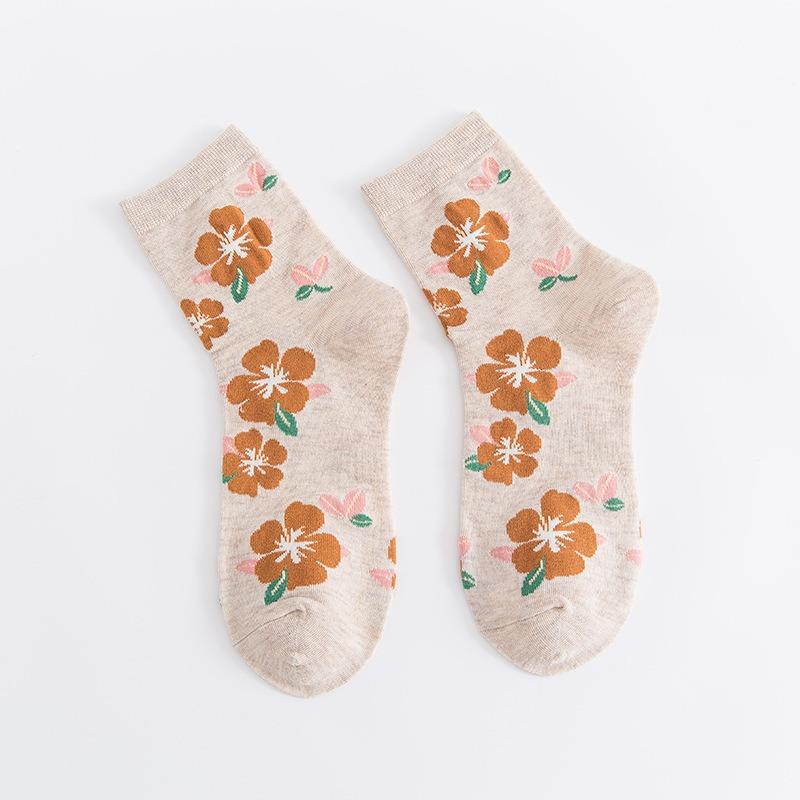 

10 пар женских носков средней длины с цветочным рисунком из хлопка в винтажном стиле, новинка, теплые повседневные носки до щиколотки с оборками хаки