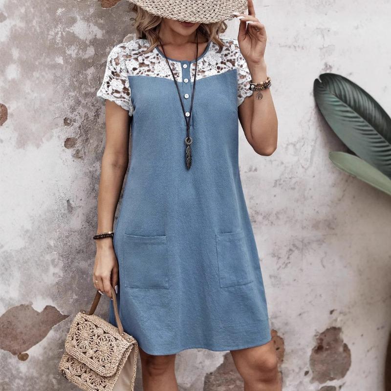 

Spring and Summer Women s Casual Loose Color-blocking Lace Patchwork Pocket Dress XXL светло-синий