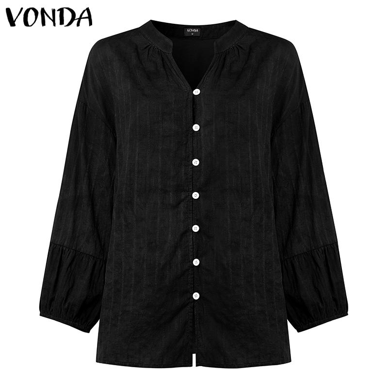 

VONDA Vintage Women V-Neck Long Sleeve Texture Loose Casual Retro Blouse M чёрный