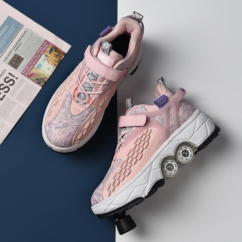 Boty měnící tvar 3 až 6 let staré Měnící tvar kolečkové brusle se čtyřmi kolečky Umí chodit i bruslit Brusle internetové celebrity Dívky