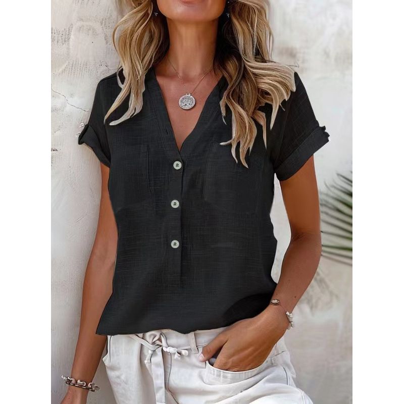 

Solid Color V-neck Short Sleeve Top Women Solid V-neck Short sleeve Cardigan Top Black XL
