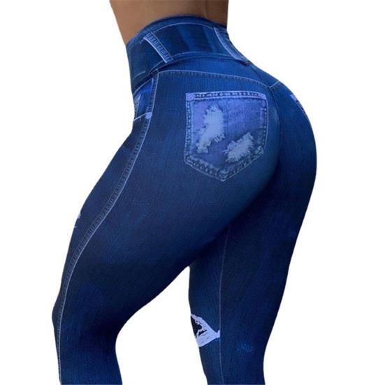 Strečové fitness kalhoty s vysokým pasem, distressed imitace džínů, kalhoty na cvičení pro jógu, zvedající hýždě