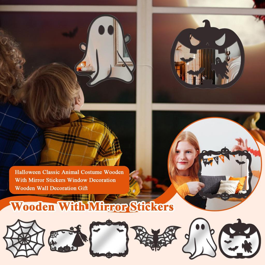 Halloween Classic Animal Costume Wooden With Mirror Stickers Window Decoration Wooden Wall Decoration Gift