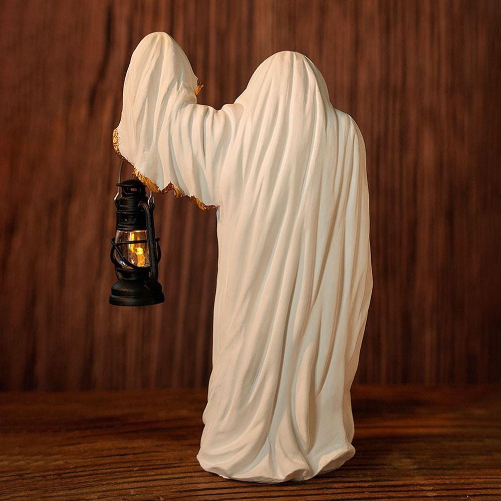 Resin Hell Mailman Lantern Decorative Scary Eerie Glow Ghost Figurine with Lantern Halloween Ghost Lantern Table Centerpieces