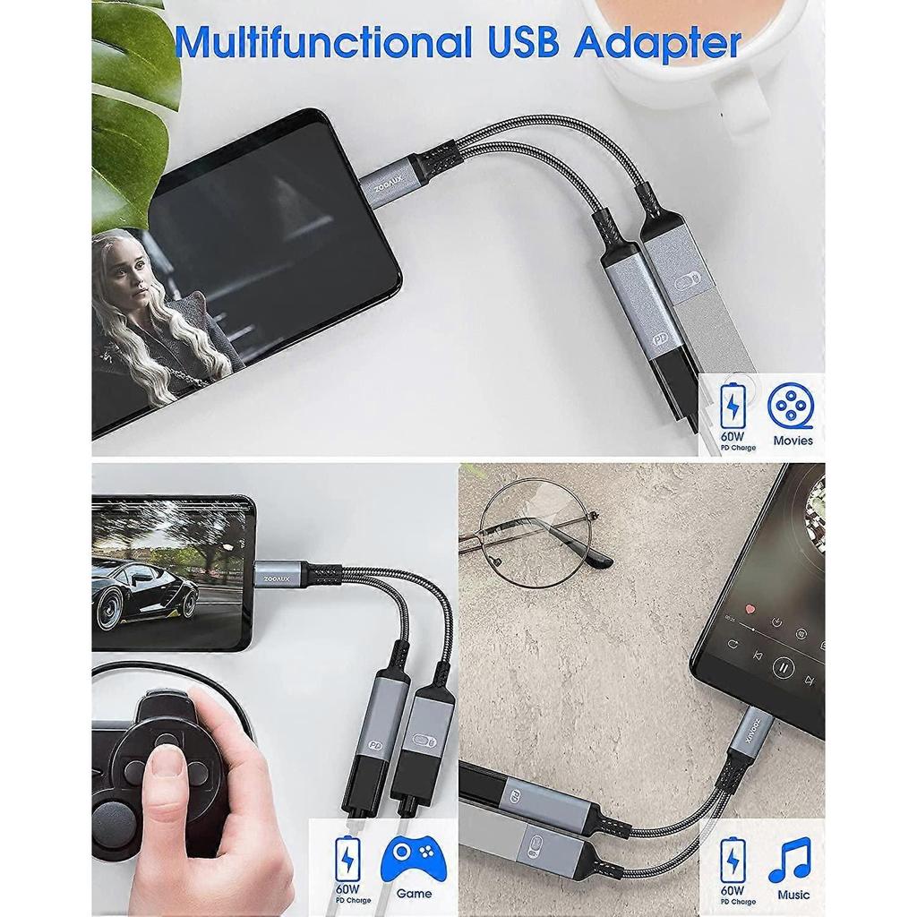 USB C to USB Adapter OTG and Charger Cable, 2 in 1 USB-C Splitter with 60W PD Charging Type C OTG and USB A Female Port Compatible with Chromecast Goo