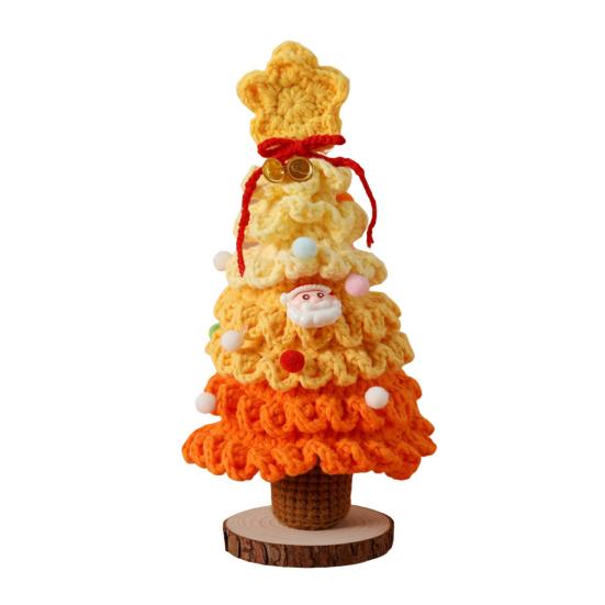 Yousheng Crochet Christmas Tree Small Handmade Multi-layered Knitting Xmas Tree with Woodgrain Base for Winter Tabletop Home Room Party Decor