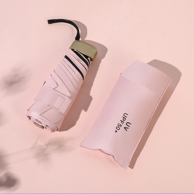 Ombrello da sole compatto da donna in vinile, a doppio uso, anti-UV, con manico piatto.