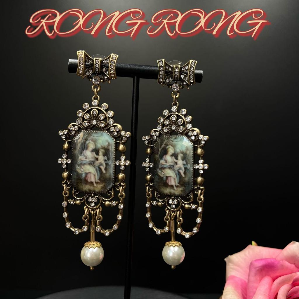 Vintage Hofstil Diamantbesetzte Perlenfigur Porträt Optimierung Ohrringe Westliche antike Vintage mittelalterliche Ohrringe