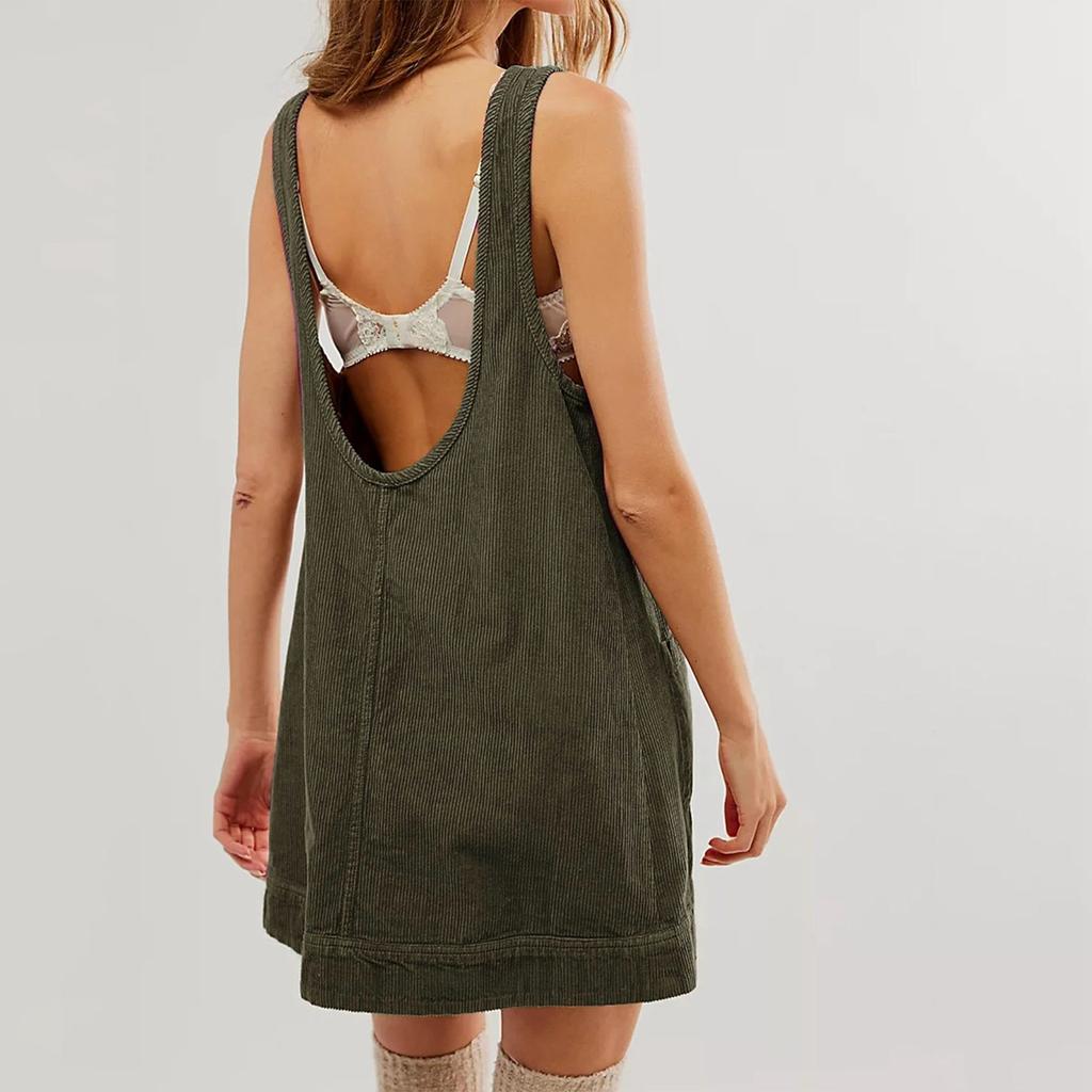 Women's Fashion Corduroy Solid Color Round Neck A Line Vest Dress Pinafore With Pockets