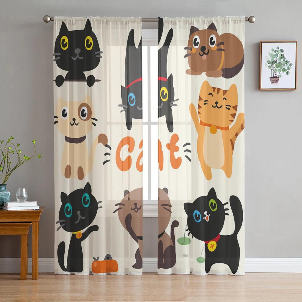 Modern Cartoon Cat Kitty Tulle Curtains Living Room Bedroom Kitchen Decoration Kawaii Animal Pet Chiffon Voile Curtain With Light Filtering Polyester