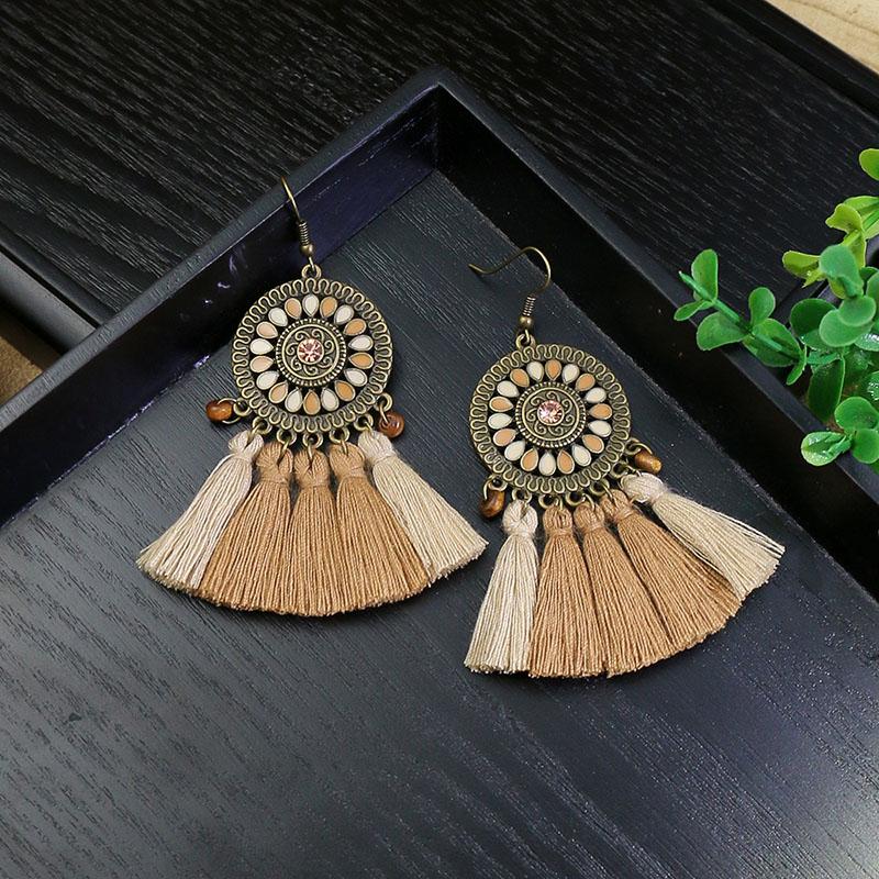 Vintage Ethnic Bohemian Drop Dangle Earrings For Women Wooden Tassel Pearl Beaded Geometric Leaf Flower Round Boho Earrings