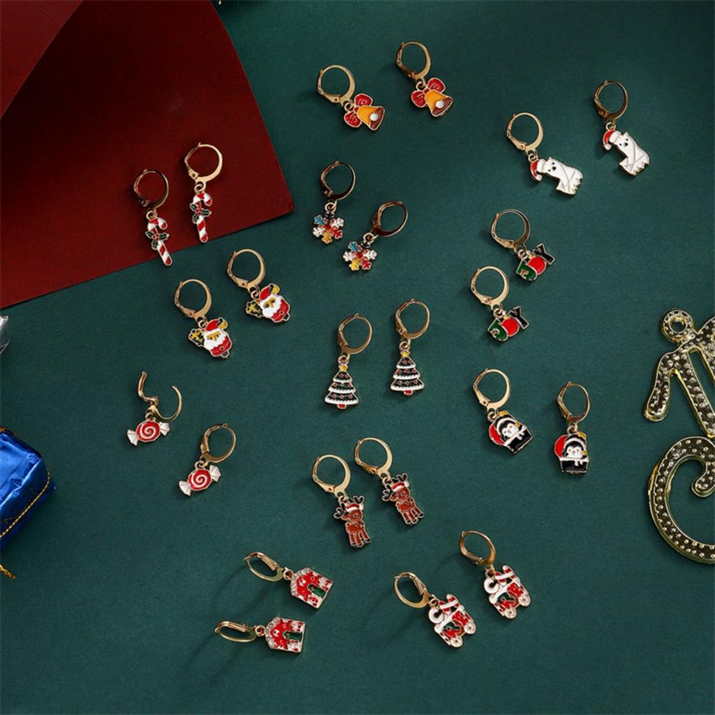 12Pairs/Set Christmas Drop Earrings Set Bell Snowflake Candy Penguin Tree Deer Cane Santa Claus Earring For Women Men Jewelry