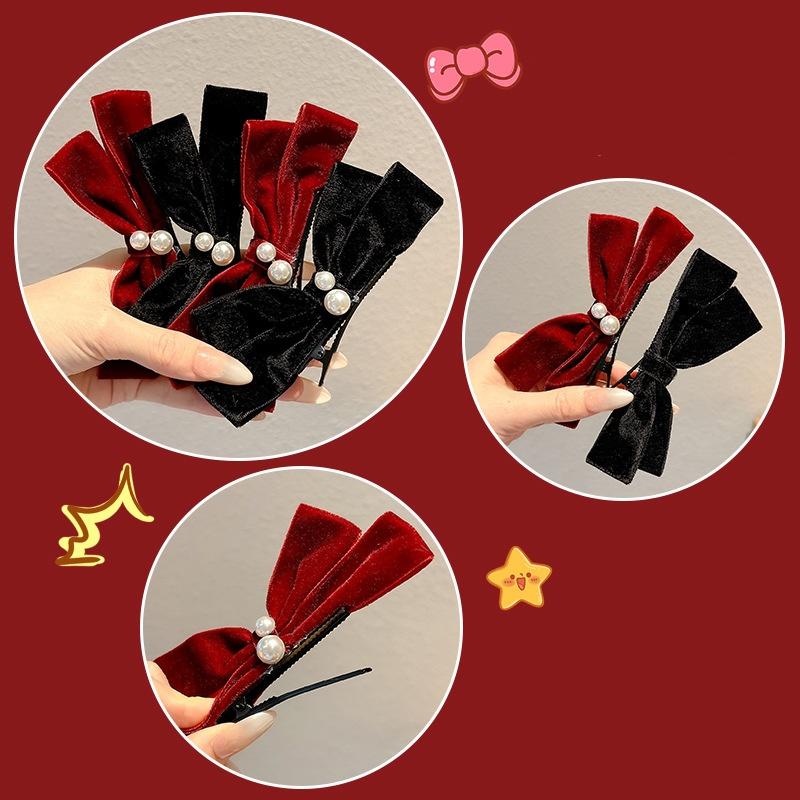 2Pcs Graceful Retro Black/Red Velvet Bow Clip Elegant Two-Piece School Party Duckbill Clip For All Seasons Hair Accessories