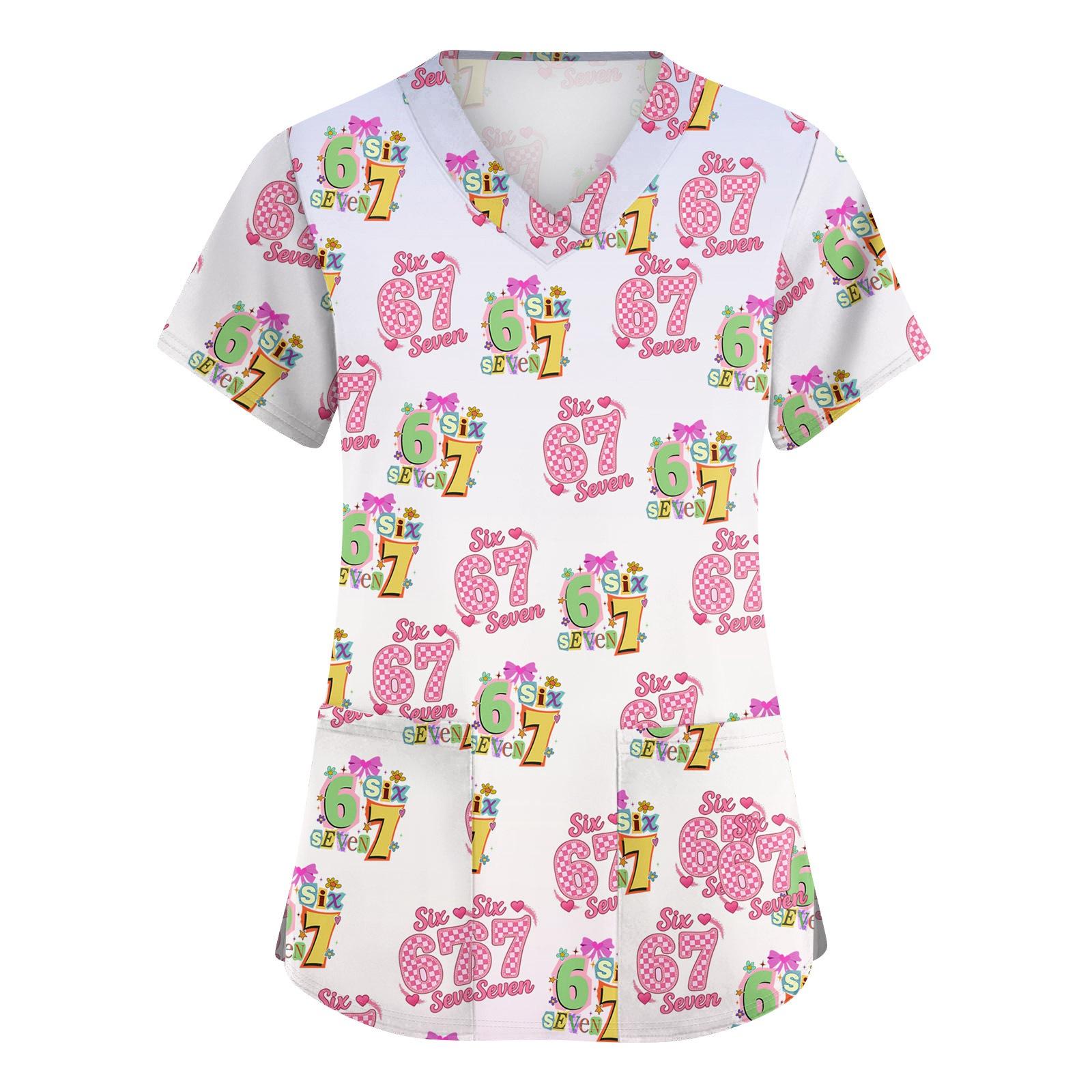 

Женская милая блузка с принтом бантиков, рабочая одежда, V-образный вырез, двойной слой, карманы, базовая, с коротким рукавом, пуловер M розовый