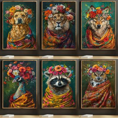 Peinture Florale Animalière Maximaliste Vintage Golden Retriever Lion Hibou Paon Raton Laveur Loup Impression sur Toile Décorations pour Art Mural