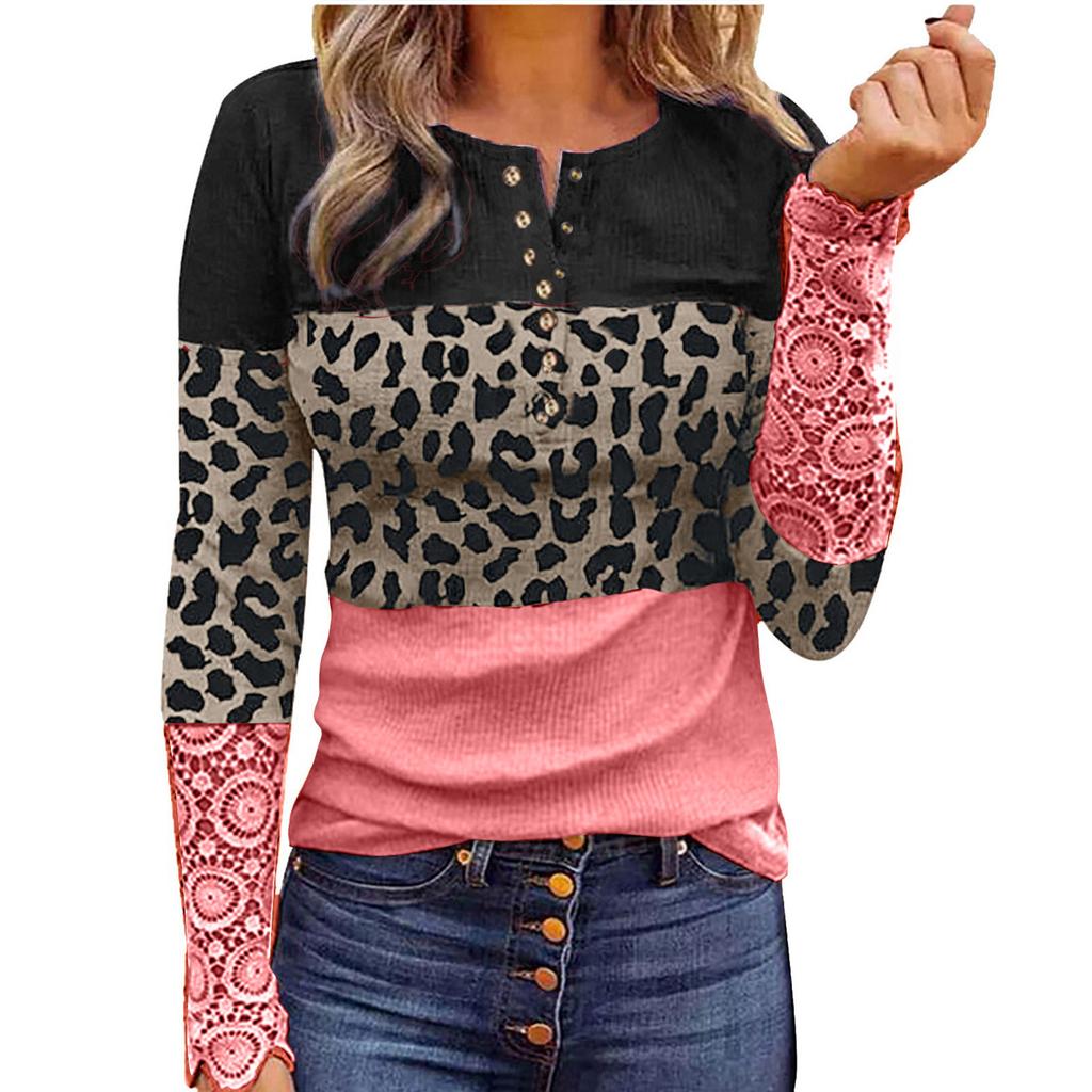 Women Fashion Patchwork Printing Lace Long Sleeve Casual Button Pullover Sweatshirt Top
