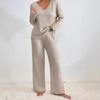 Women's Loose Fit Two-piece Loungewear Set Long Sleeve Knit Top Elastic Waist Wide Leg Pants Solid Ribbed Casual Tracksuit