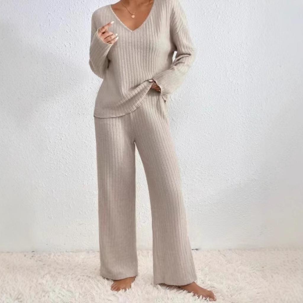 Women's Loose Fit Two-piece Loungewear Set Long Sleeve Knit Top Elastic Waist Wide Leg Pants Solid Ribbed Casual Tracksuit