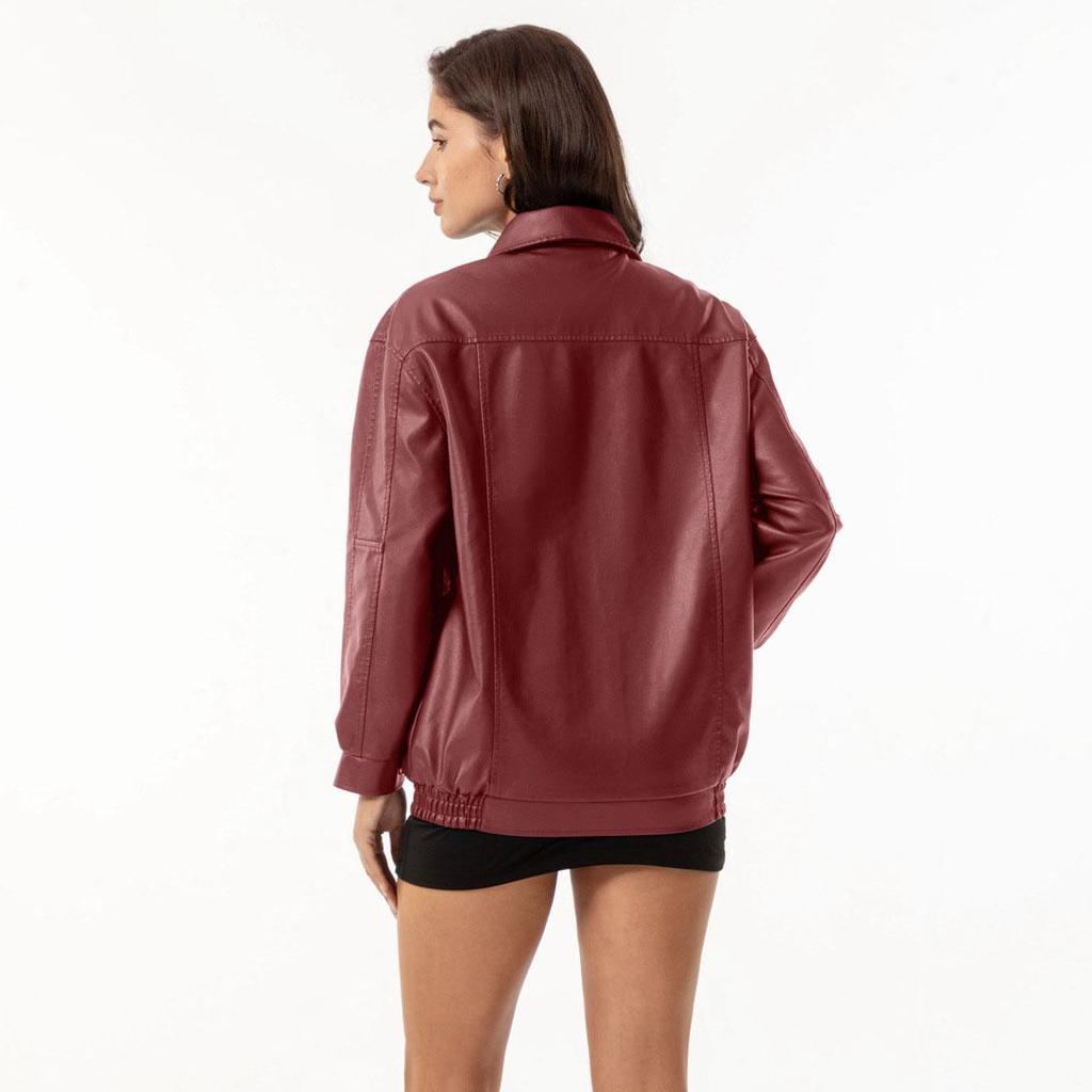 Fall Winter Women Lapel Collar Long Sleeve Slim Fit Zipper Pu Leather Jacket