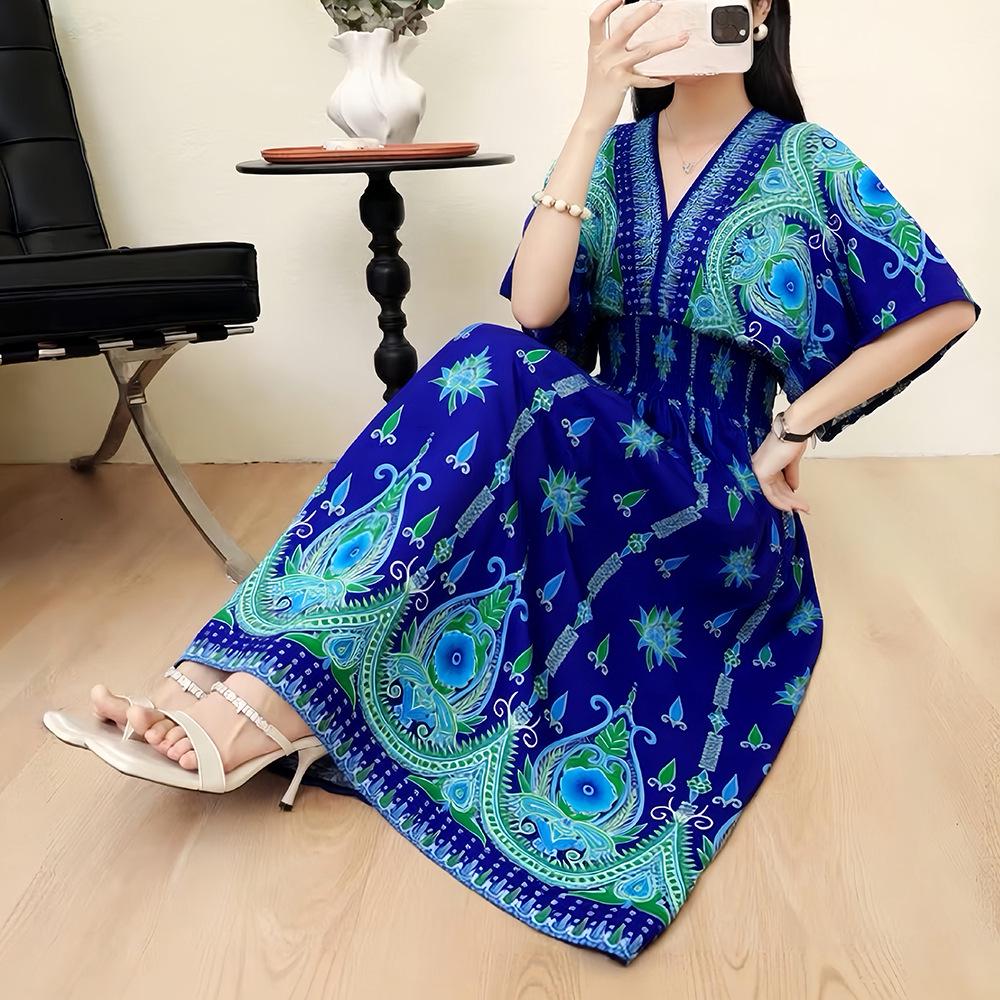 26-Year Floral V-Neck Cotton Silk Batwing Sleeve Beach Dress - Thailand Travel & Vacation Skirt Style