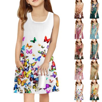 Girl Summer Dress Sleeveless Printed Color Casual Dress With Pocket