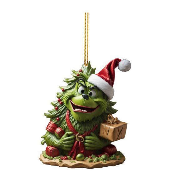 Green Elf Christmas Tree Ornament 2D Flat Acrylic Car Rear Mirror Charm Cartoon Elf Christmas Tree Hanging Pendant for Holiday Tree Window Wall Decor