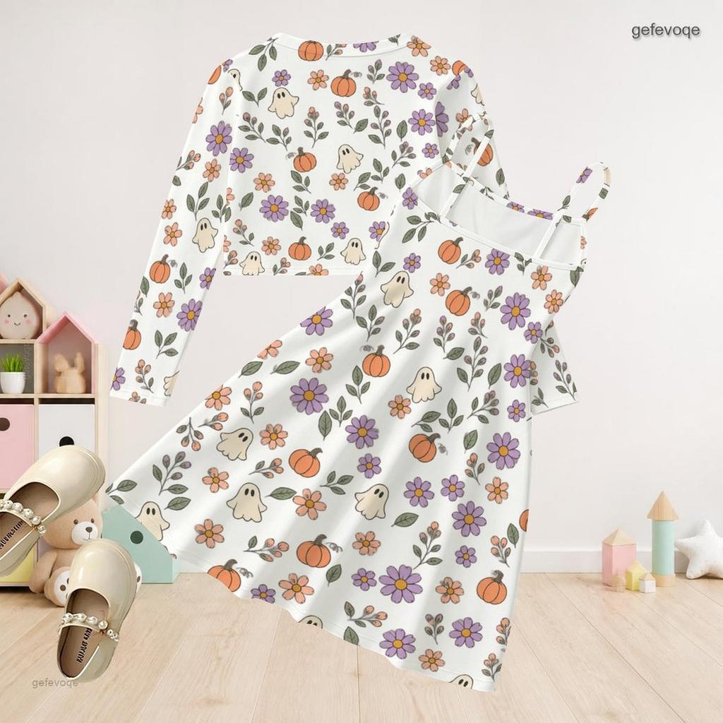 Girls White Halloween Two Piece Outfit Long Sleeve Cardigan Sleeveless Dress Pumpkin Bat Bow Print