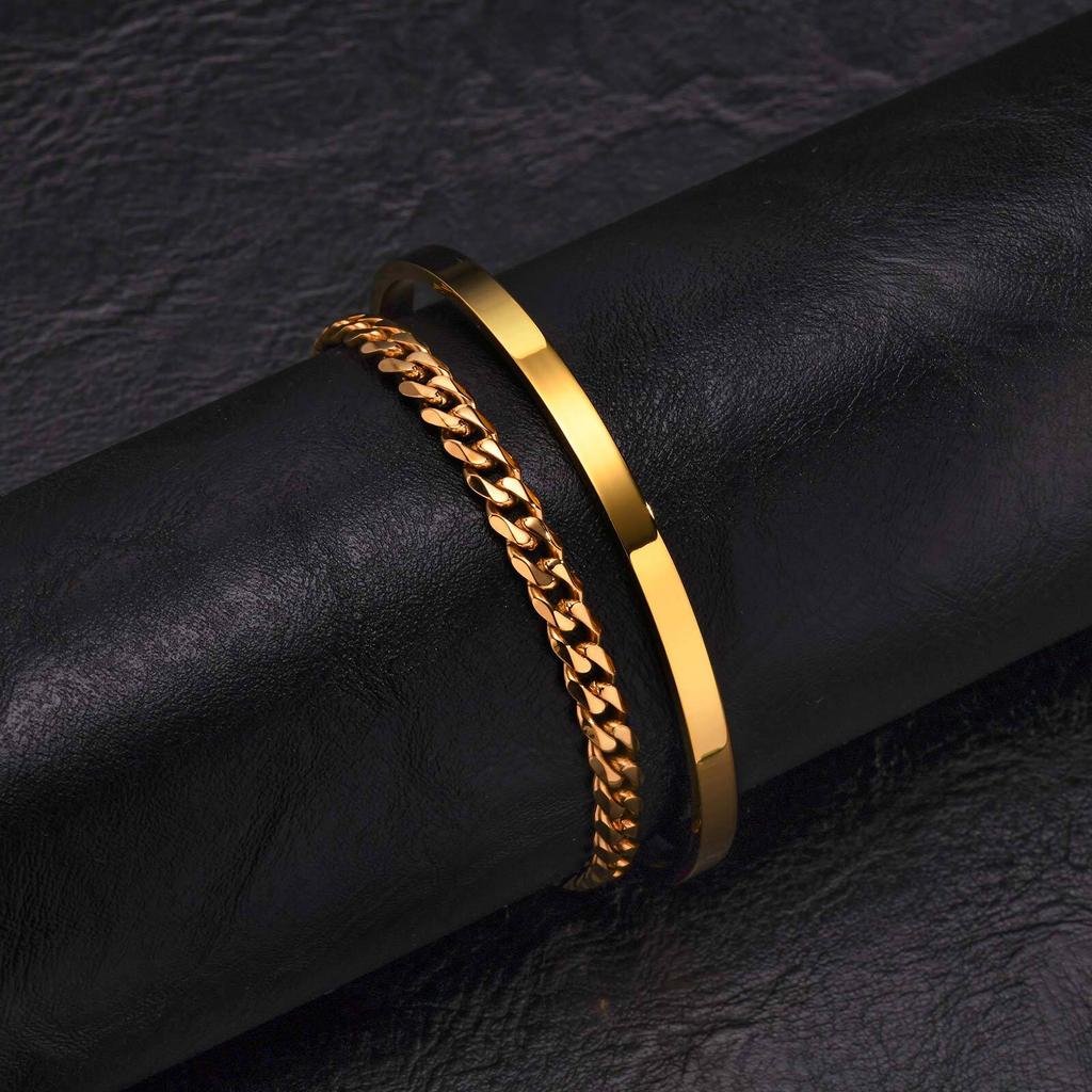 2 stuks Heren Kettingarmbanden, Roestvrij Staal Manchet Bangle Armband, Casual Sieraden Set voor Echtgenoot Vader