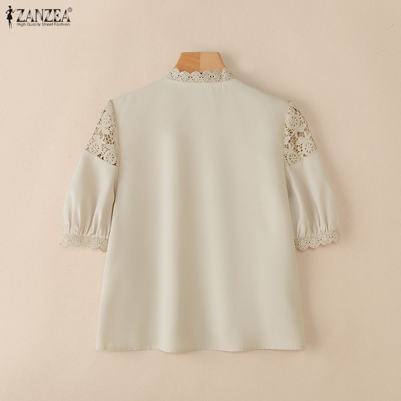ZANZEA Women Stand Collar Casual Lace Crochet Splice Half Sleeve Blouse