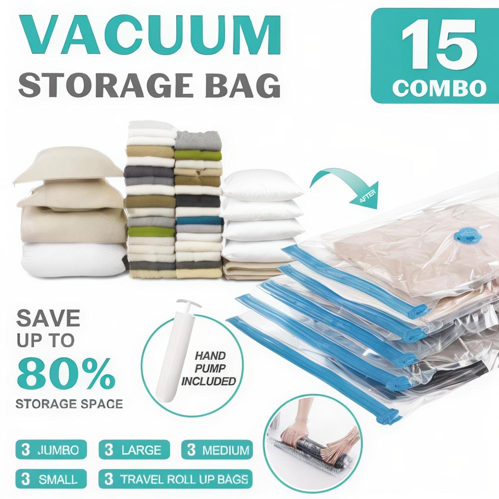 15 Pack Vacuum Storage Bags Space Saver Vacuum Seal Bags for Clothing Compression for Travel Luggage Clothes with Hand Pump