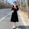 2024 French Hepburn Style Gold Velvet Peter Pan Collar Black Dress - New Spring Autumn Slim Waist Trend for Women.