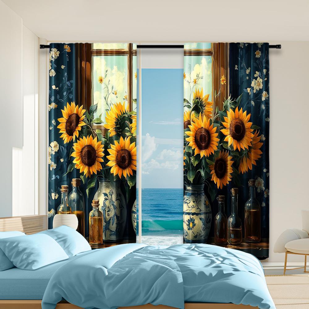 

Set Of 2 Versatile Polyester Transparent Curtains Home Decoration Sunflower Theme Use Bedrooms Living Rooms Curtain Ideal For Room W100*H70(CM)-Grommet top&2PCS