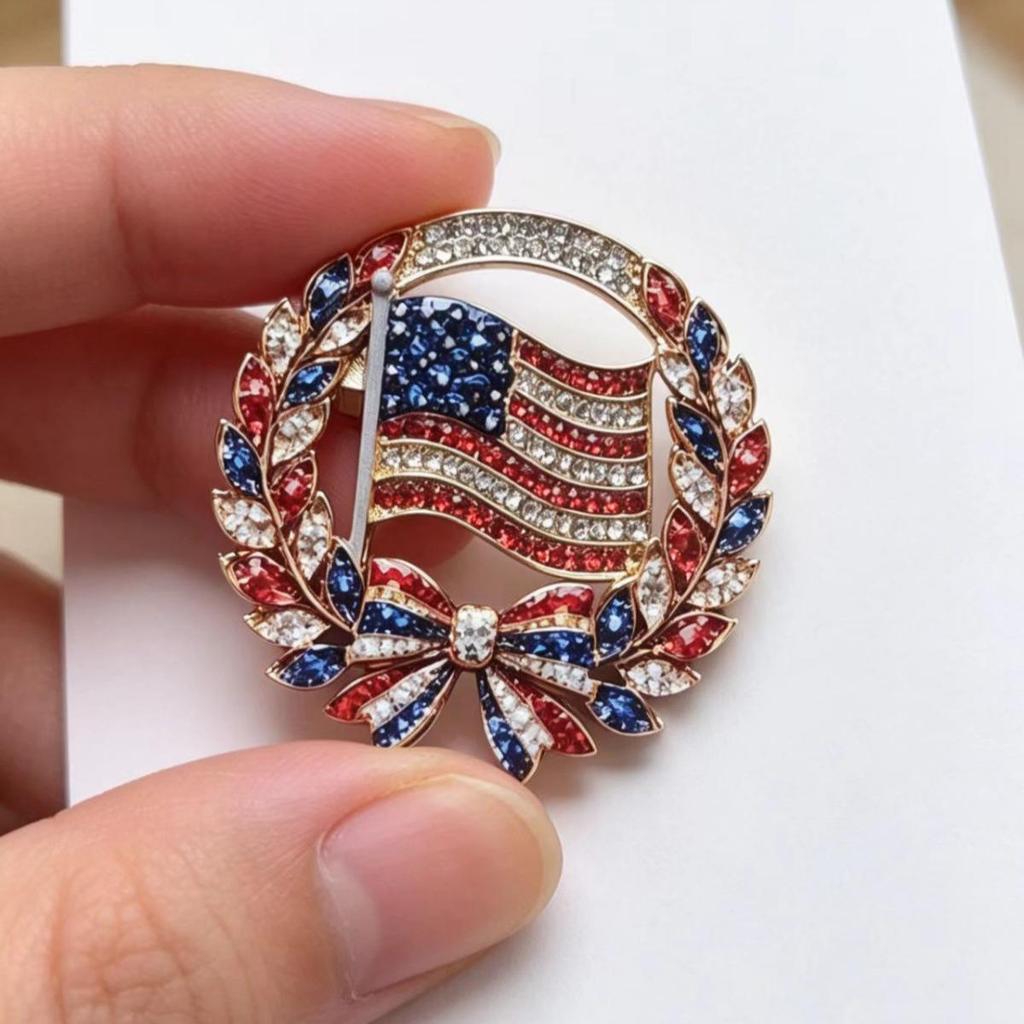 US Independence Day Flag Rhinestone Brooch - Laurel Commemorative Flower Badge