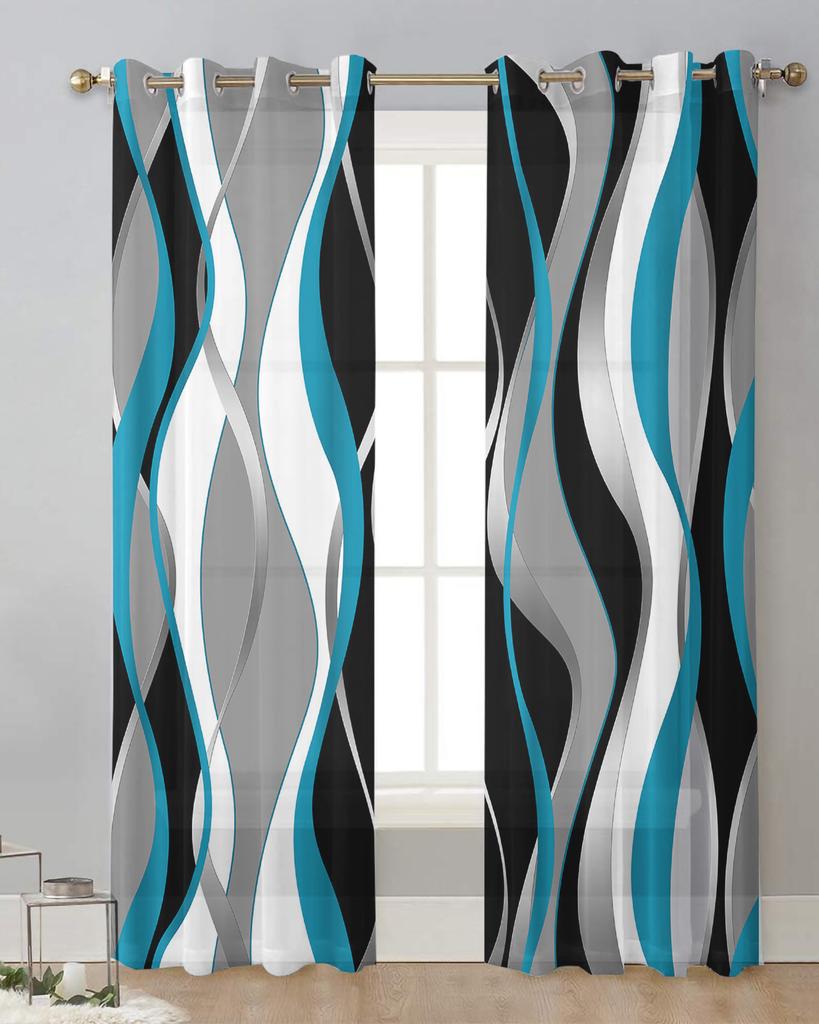 Abstract Lines Gradient Blue Sheer Curtains for Living Room Decoration Window Curtains for Kitchen Tulle Voile Organza Curtains