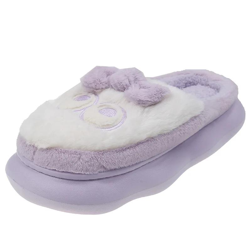 2024 Neue Cartoon-Plüsch-Hausschuhe für Damen, dicke Sohle, leichte Freizeit-Hausschuhe aus Baumwolle mit großer Augenschleife