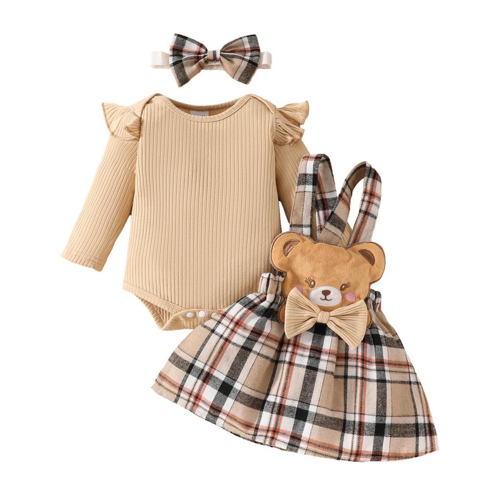 Baby Ribbed Bodysuit, Plaid Bear Doll Suspender Skirt & Headband Set for Fall/Winter