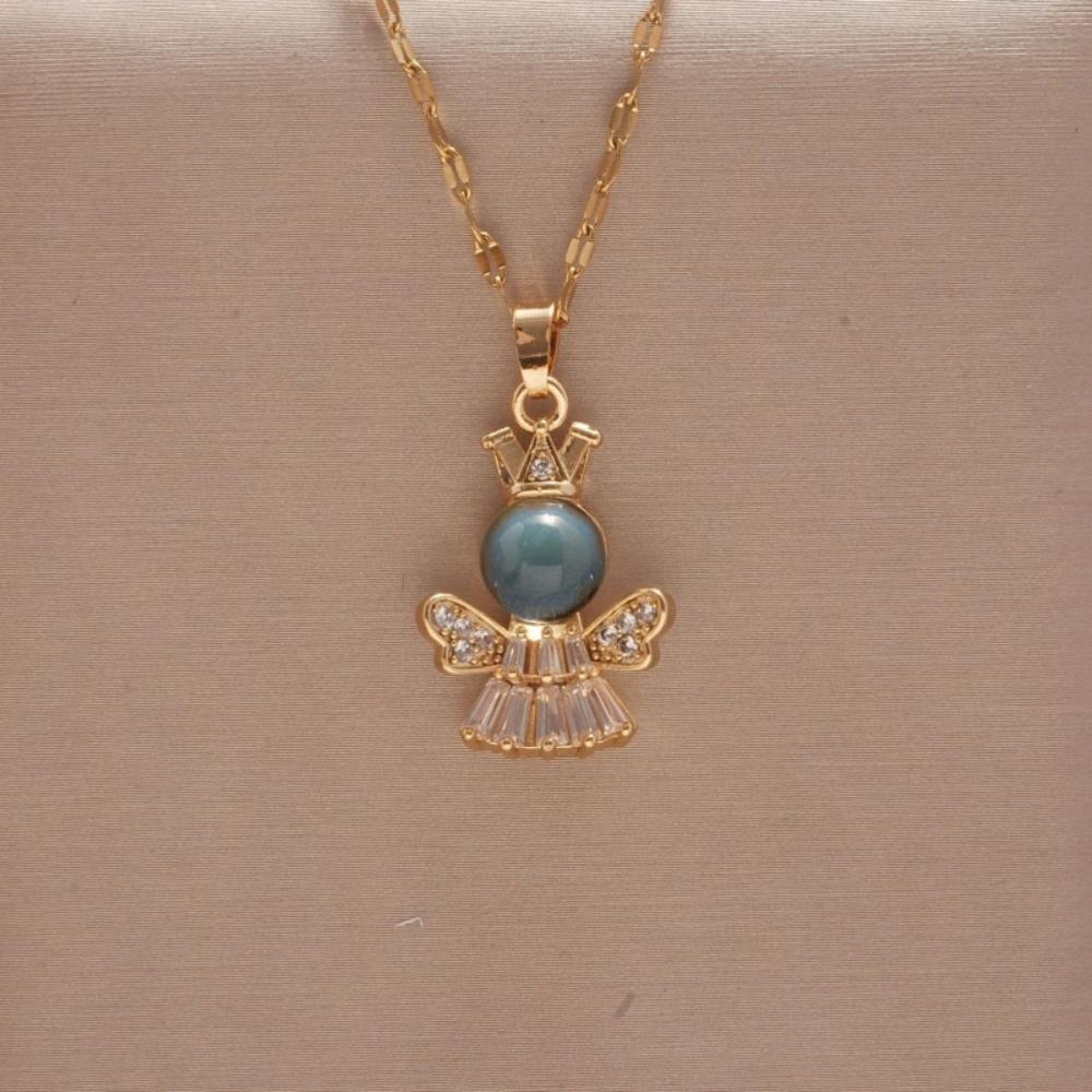 

Персонализированное женское ожерелье из титановой стали с маленьким ангелом, новый дизайн с кошачьим глазом и короной 45cm